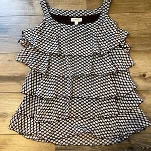 Dressbarn Brown and White Ruffled Polka Dot Blouse